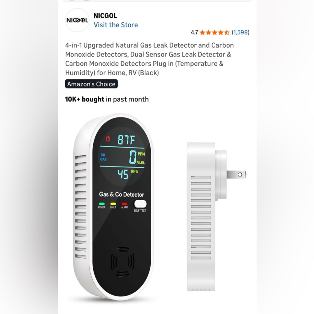 4-in-1 Natural Gas Leak Detector & Carbon Monoxide Detectors humidity temp NEW